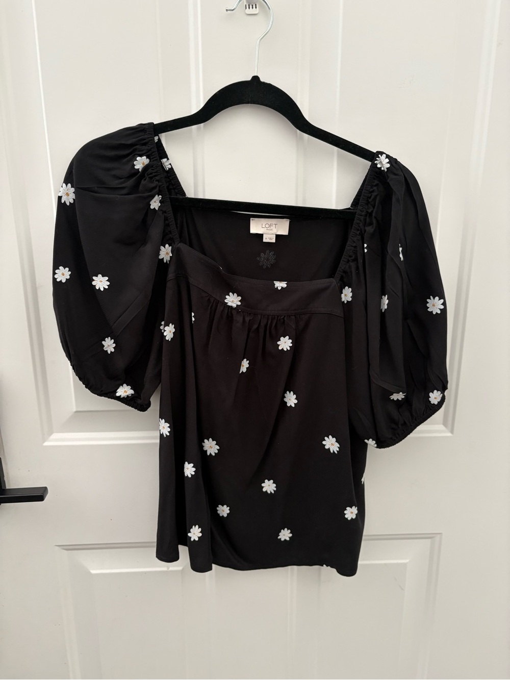 LOFT Black Puff Sleeve Square Neck Daisy Print Top